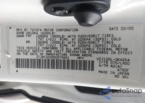 2005 Lexus Gx 470 from USA, damaged, VIN JTJBT20X850079401